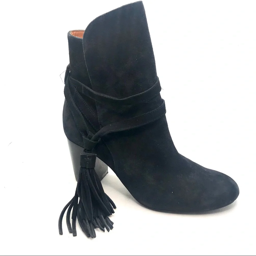 & OTHER STORIES BLACK SUEDE HEELED BOOTS WITH FRINGE TASSEL ANKLE DETAILS (6.5)